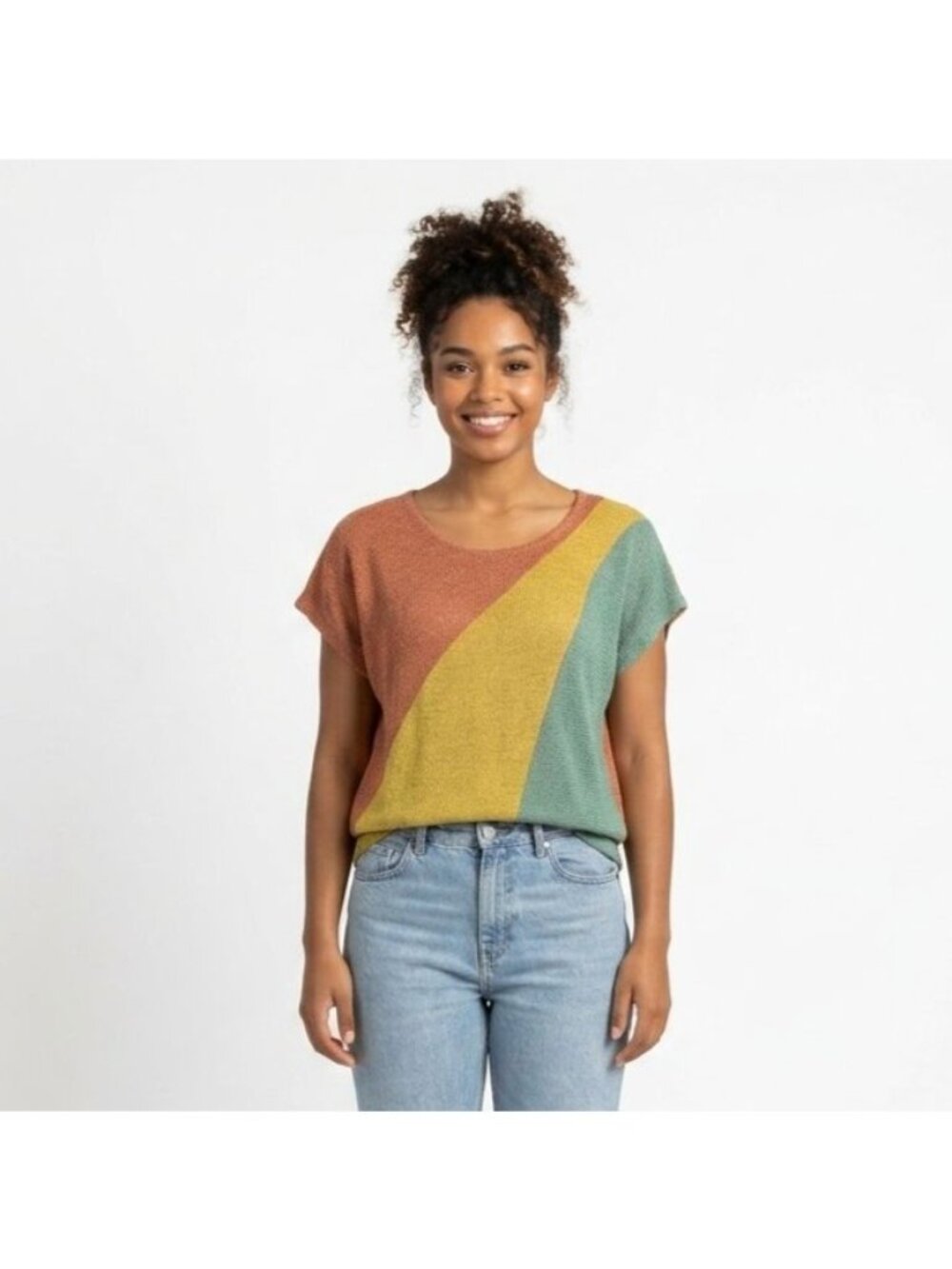 Sweet Claire Colorblock Short Sleeve Knit Top Yellow Green Orange Women Size S